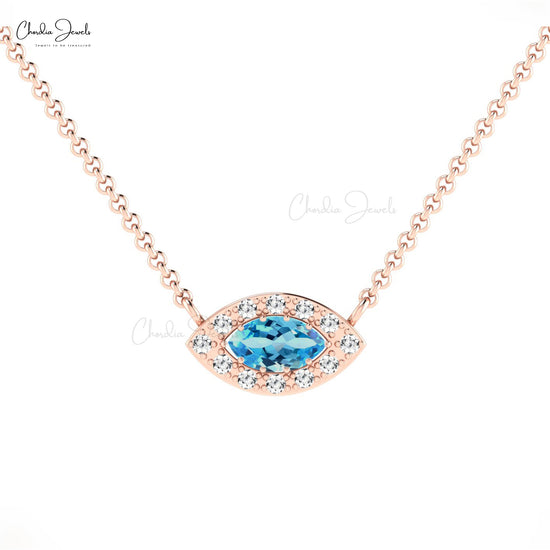 Classic Handmade Genuine White Diamond Halo Necklace 6x3mm Swiss Blue Topaz Charms Necklace Pendant in 14k Pure Gold Wedding Gift