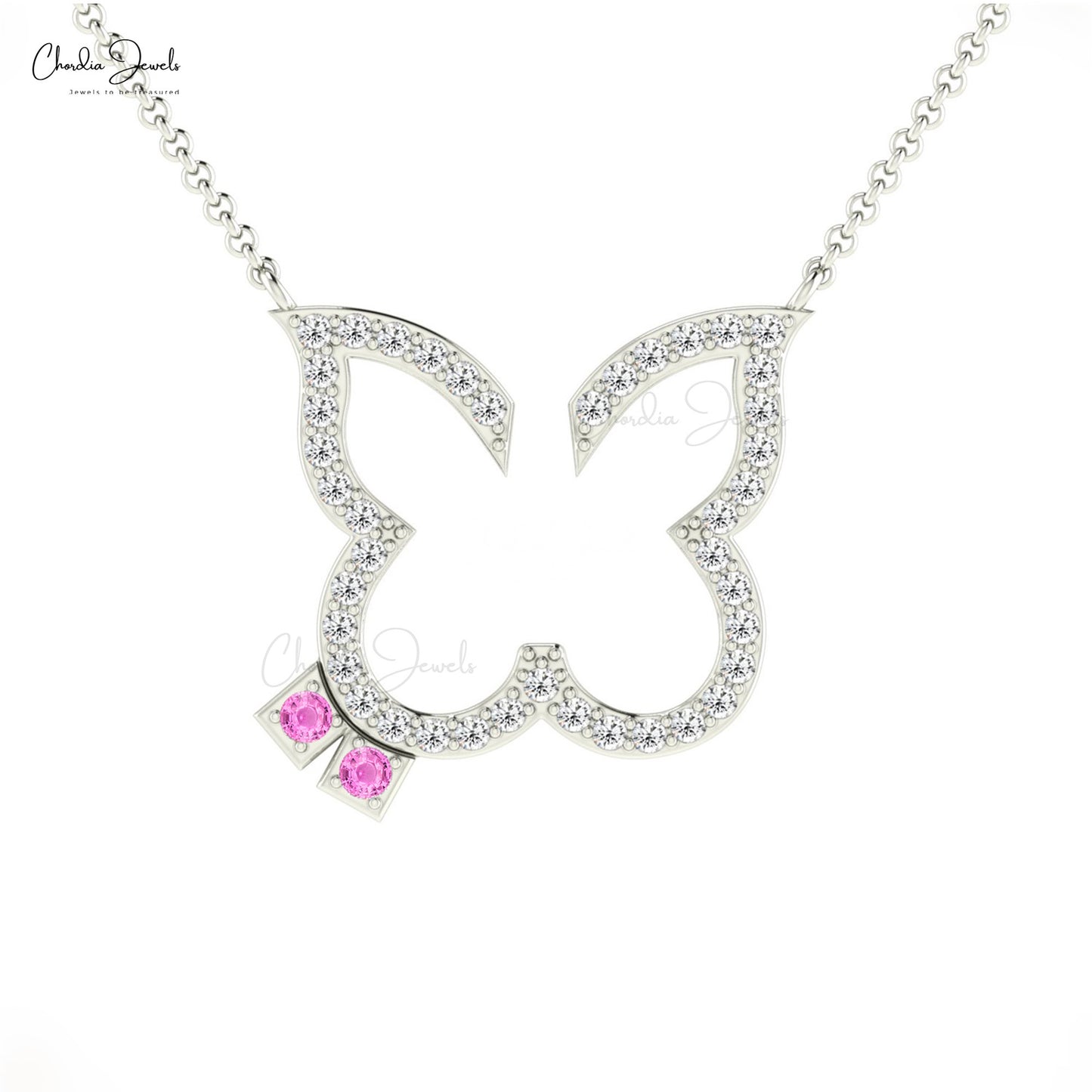 High Quality 1.5mm Round Shape Natural Pink Sapphire Butterfly Necklace Pendant 14k Solid Gold Diamond Necklace Valentine's Day Gift For Love Ones