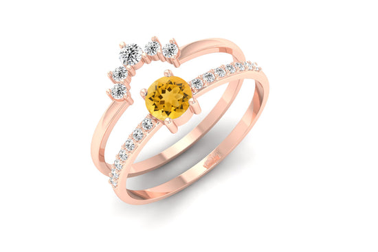 November Birthstone 4mm Round Cut Authentic Citrine Stackable Ring 14k Solid Gold Diamond Promise Ring Light Weight Jewelry For Valentine Day Gift