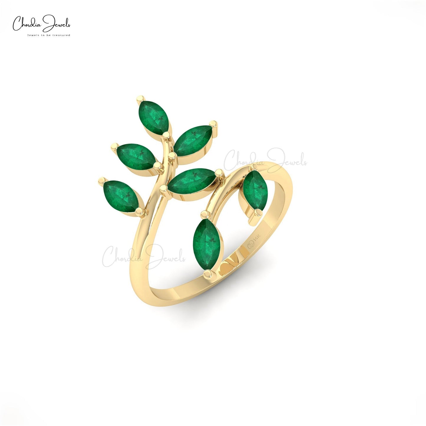 Seven Stone Leaf Ring In 14k Real Gold Natural Emerald Gemstone Delicate Ring For Love