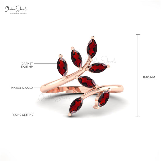 Marquise Leaf Shape Natural Red Garnet Ring in 14k Solid Gold