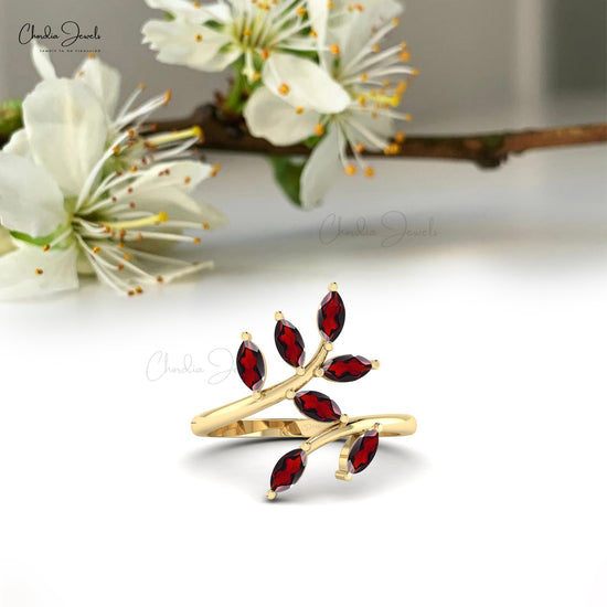 Marquise Leaf Shape Natural Red Garnet Ring in 14k Solid Gold