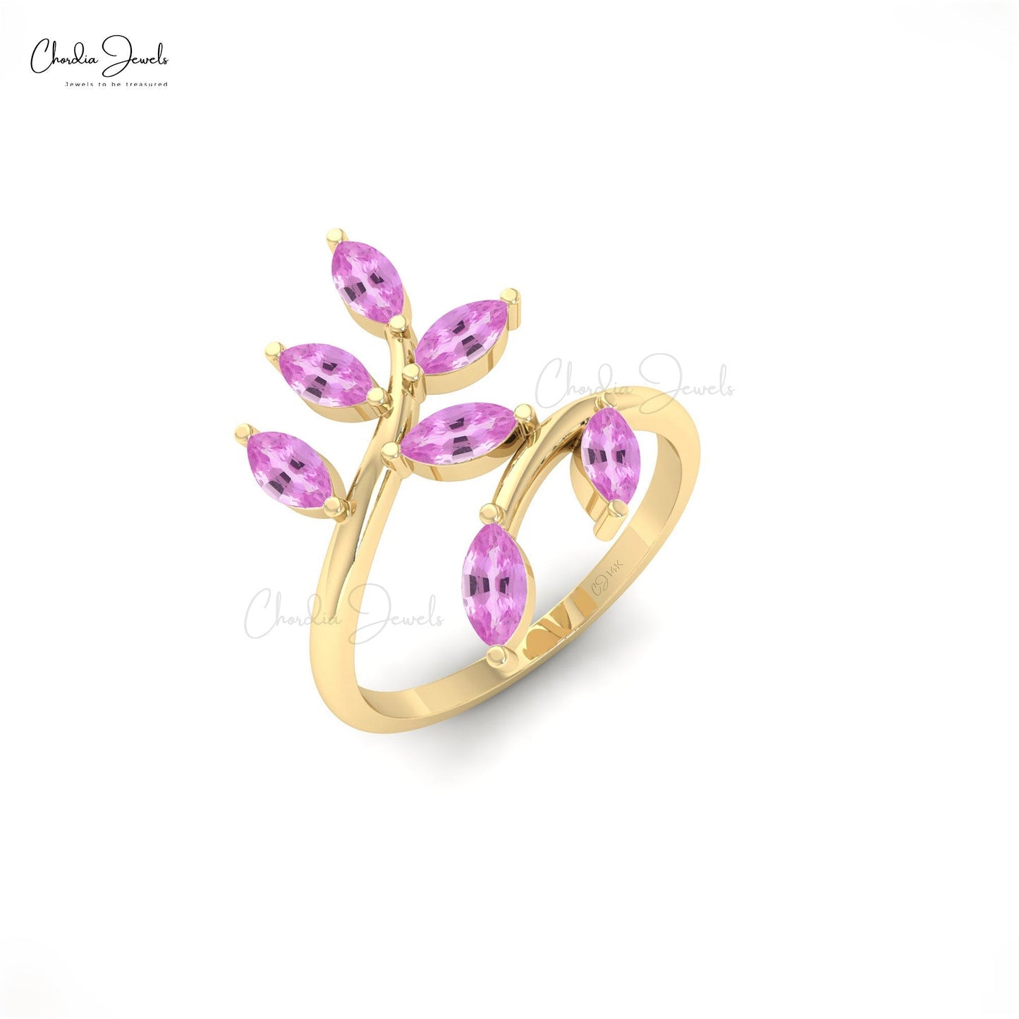 Nature-Inspired 14k Gold Pink Sapphire Leaf Ring