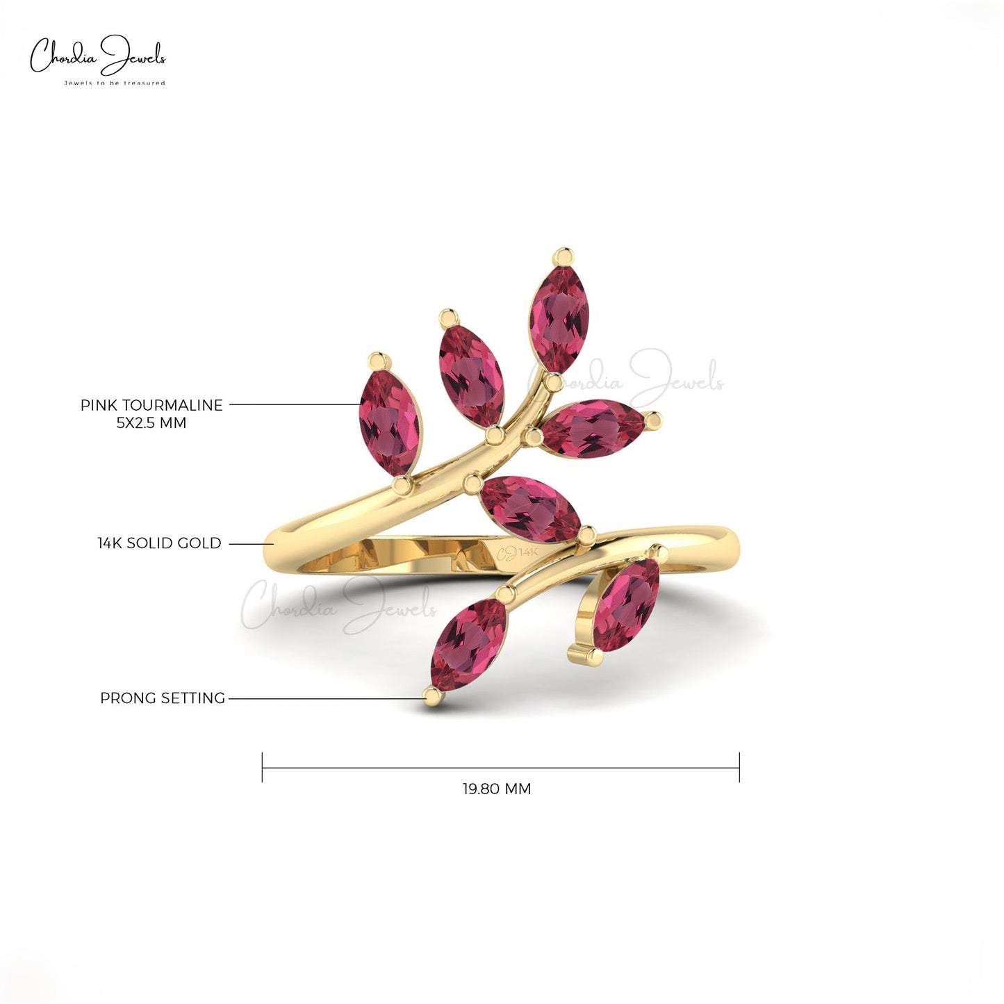 Natural Pink Tourmaline Gemstone Leaf Shape Ring in 14k Gold