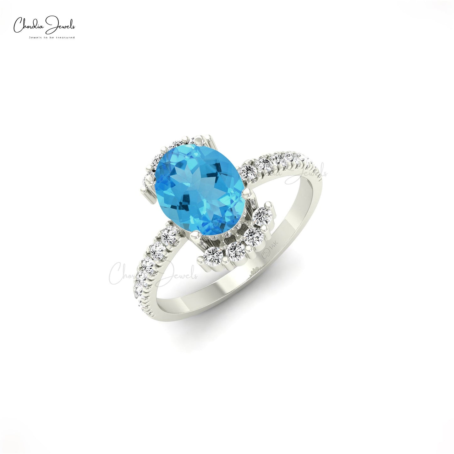 14k Gold Natural Swiss Blue Topaz Diamond Side Stone Engagement Ring