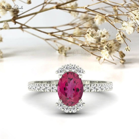 Oval Shaped Solitaire Pink Tourmaline Diamond Half Halo Engagement Ring