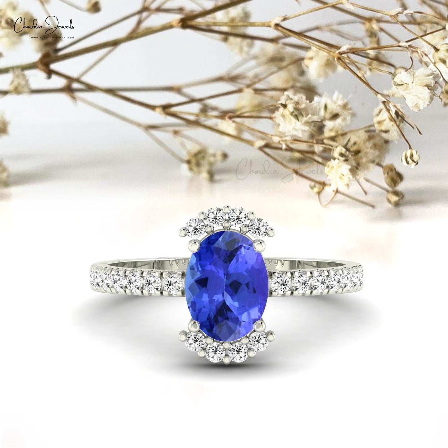 Modern Half Halo Ring In 14k Real Gold Genuine 1.4ct Tanzanite & Diamond Ring Band For Gift