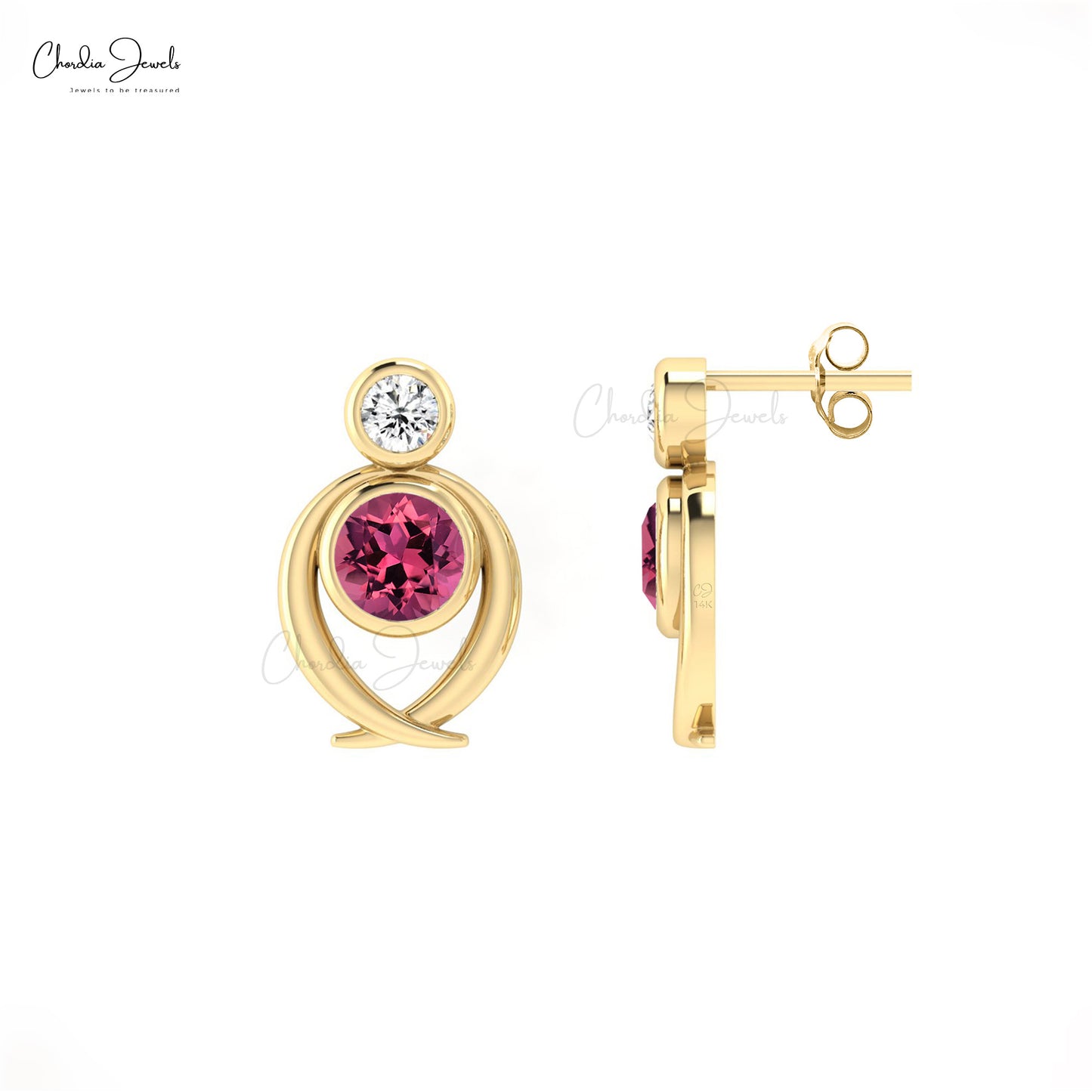 Natural Pink Tourmaline 2 Stone Studs Earrings in 14k Solid Gold