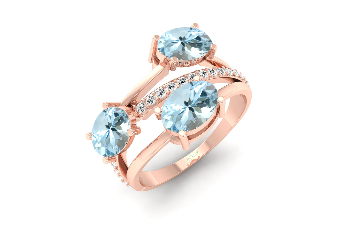 March Birthstone Natural Aquamarine 7x5mm Oval Shape Gemstone Split Shank Ring 14k Real Gold Pave Set White Diamond Wedding Jewelry