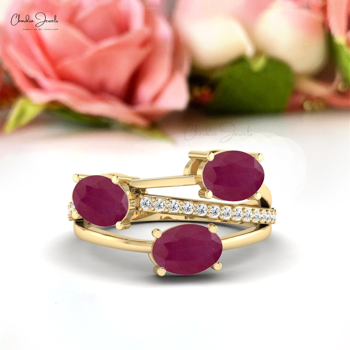 Crossover Oval Cut Red Ruby Three Stone Wedding Ring With Diamond Accent