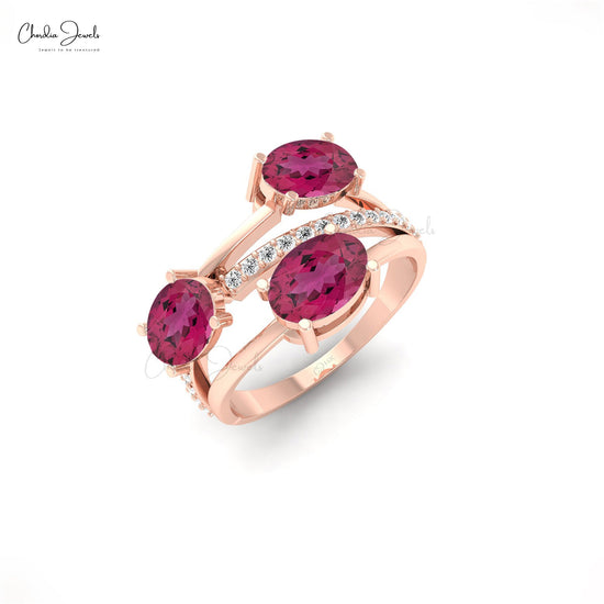 14k Solid Gold Designed Crossover Ring with Pink Tourmaline and Diamond for Anniversary