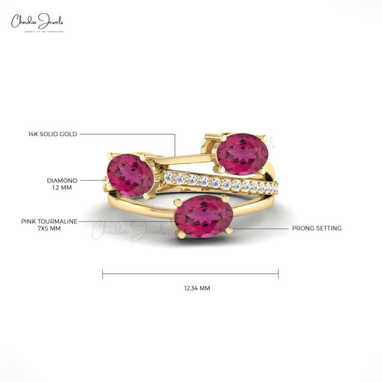 14k Solid Gold Designed Crossover Ring with Pink Tourmaline and Diamond for Anniversary