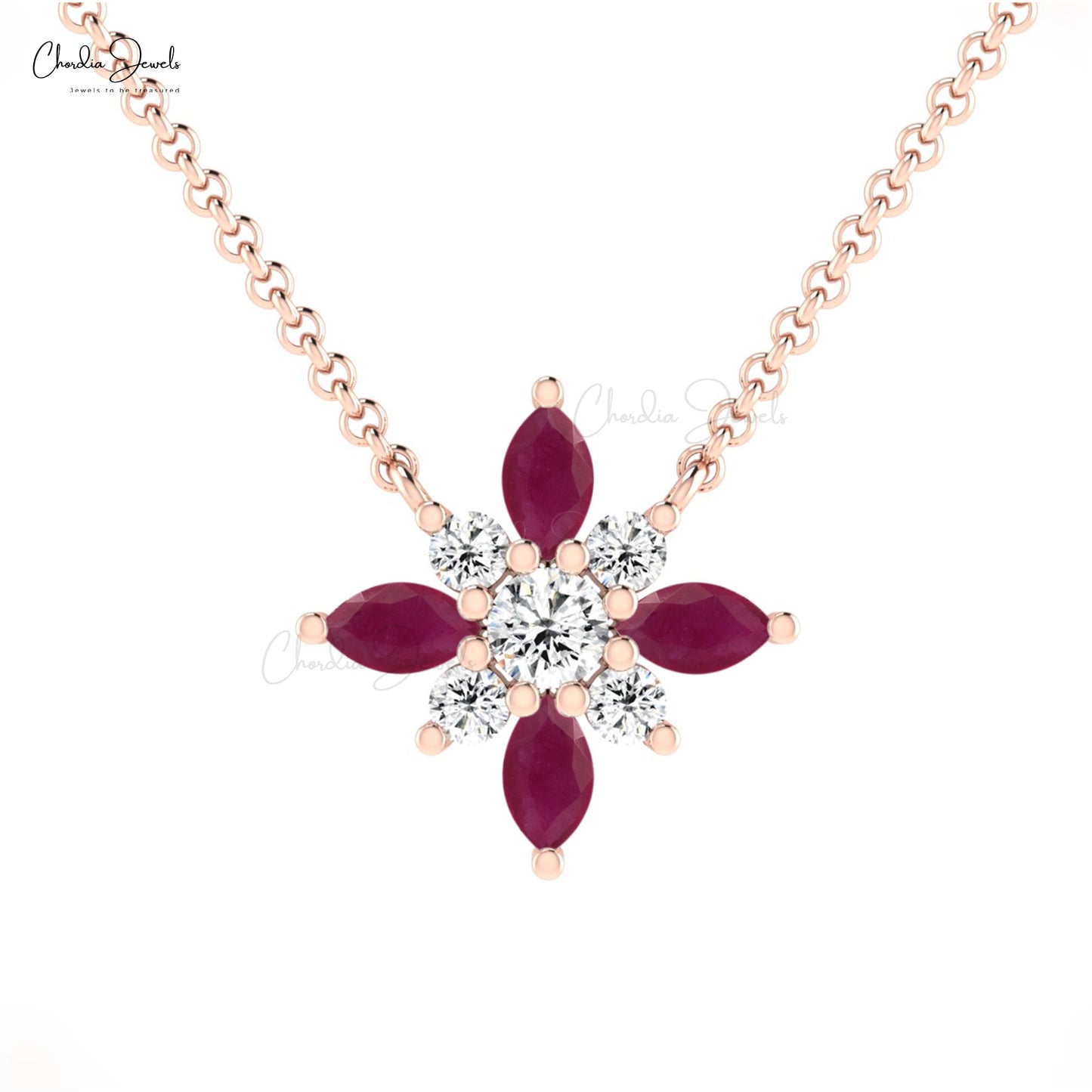 Natural Red Ruby 4x2mm Marquise Cut Snow Flake Necklace Pendant 14k Solid Gold 0.23 Ct White Diamond Hallmarked Jewelry For Wedding
