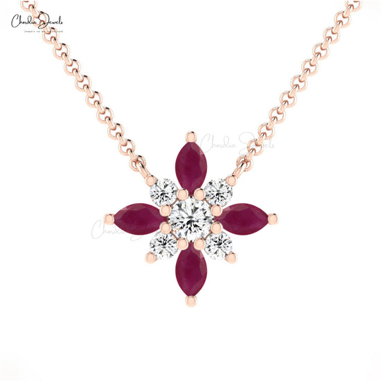 Natural Red Ruby 4x2mm Marquise Cut Snow Flake Necklace Pendant 14k Solid Gold 0.23 Ct White Diamond Hallmarked Jewelry For Wedding