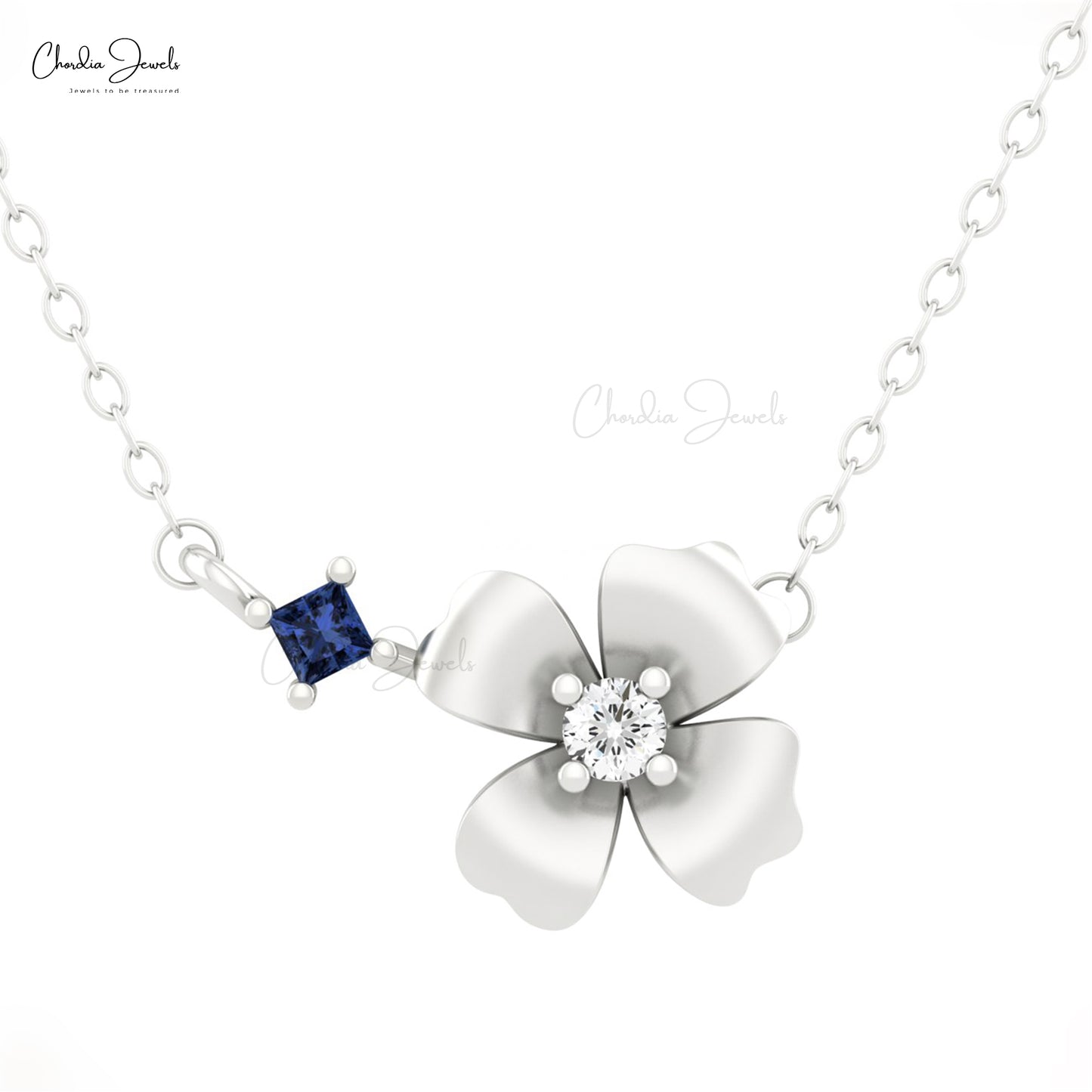 Unique Design Hot Sale Women Flower Shape Necklace Pendant Natural White Diamond and Blue Sapphire Necklace in 14k Pure Gold Gift For Her