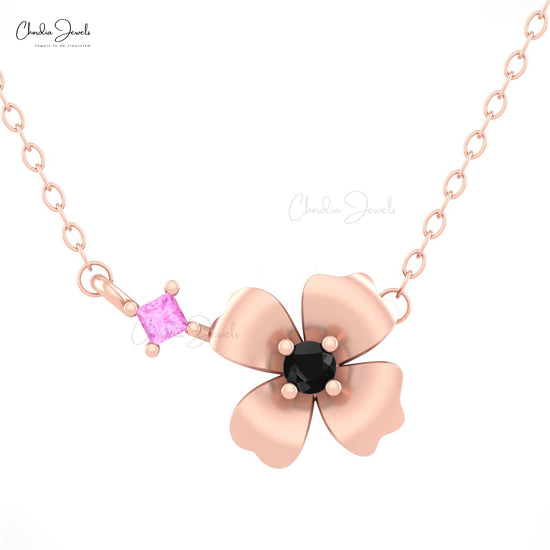 Unique Design Women Flower Shape Necklace Pendant in 14k Real Gold Natural Pink Sapphire and Black Diamond Necklace Light Weight Jewelry For Gift