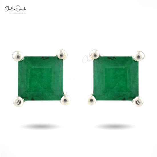 Square 4mm Cut Emerald Gemstone Silver Studs