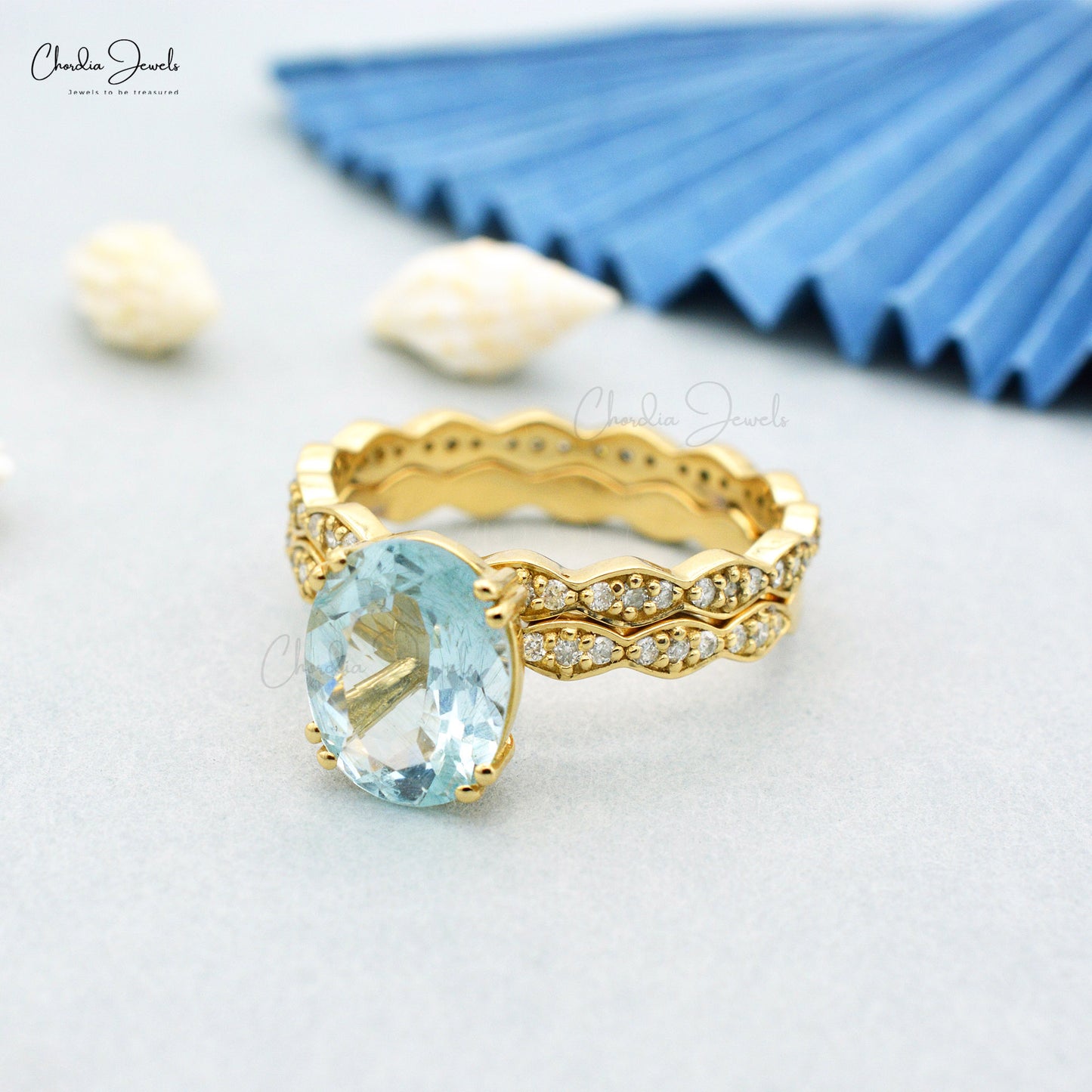 Vintage Gorgeous Natural Aquamarine Statement Ring 1.92 Ct Gemstone Stackable Ring 14k Solid Gold White Diamond Wedding Band Hallmarked Jewelry For Valentine