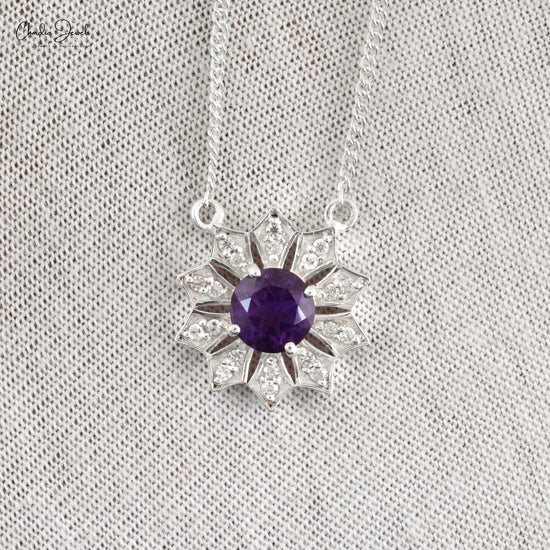 Natural Amethyst Flower Necklace 925 Sterling Silver Cubic Zircon Fashion Jewelry February Birthstone Necklace At Wholesale Price