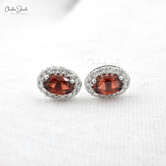 New Trendy Halo Stud Earrings Studded With Diamonds 5x3mm Oval Authentic Red Garnet Gemstone Studs in 14k Real White Gold Jewelry For Her