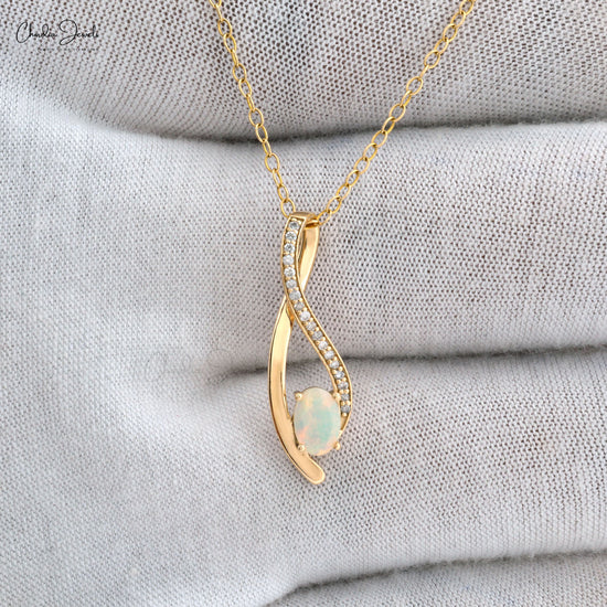 Newly Designed Natural Fire Opal Overplay Pendant Necklace Round White Diamond Pendant in 14 Pure Yellow Gold Valentine's Day Gift For Girlfriend