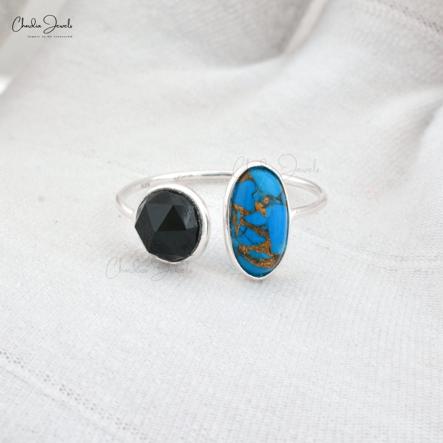 Turquoise & Black Onyx Gemstone Silver Ring  