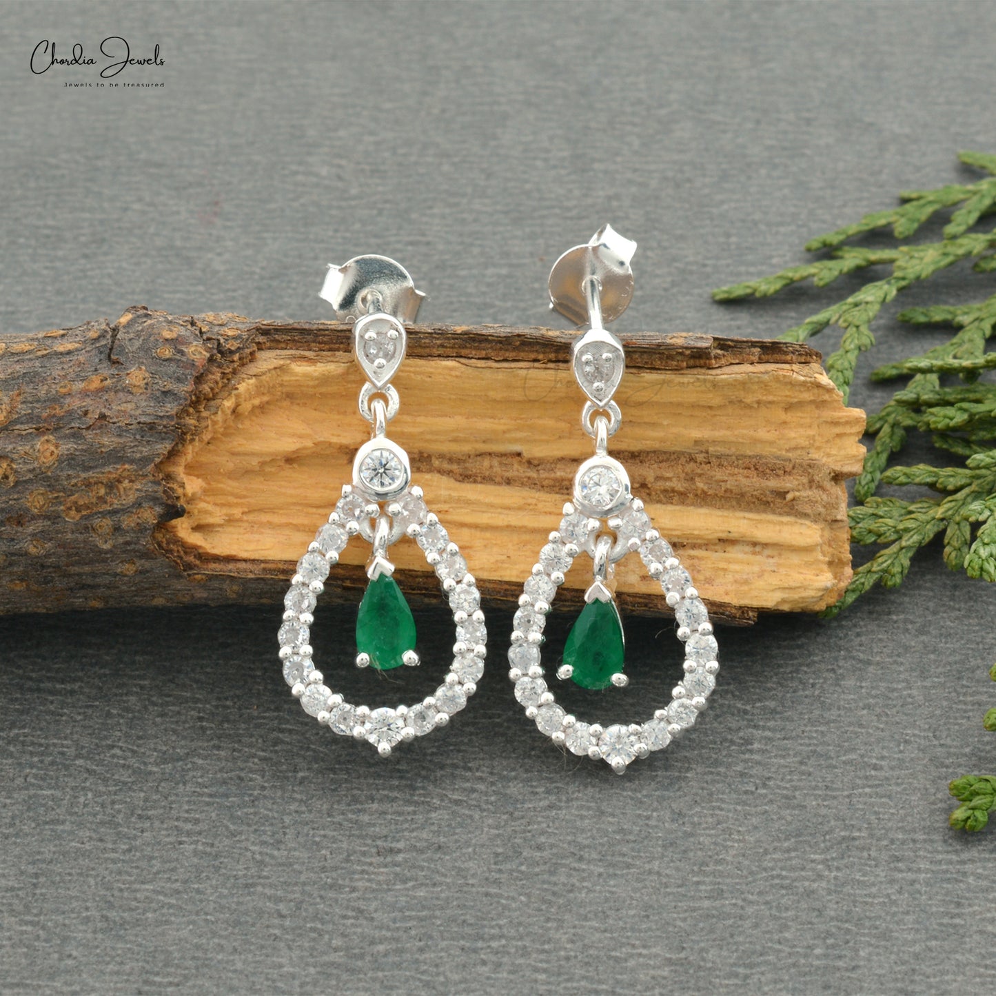 Natural Emerald Dangling Earring In 925 Sterling Silver Zircon Halo Women Earrings