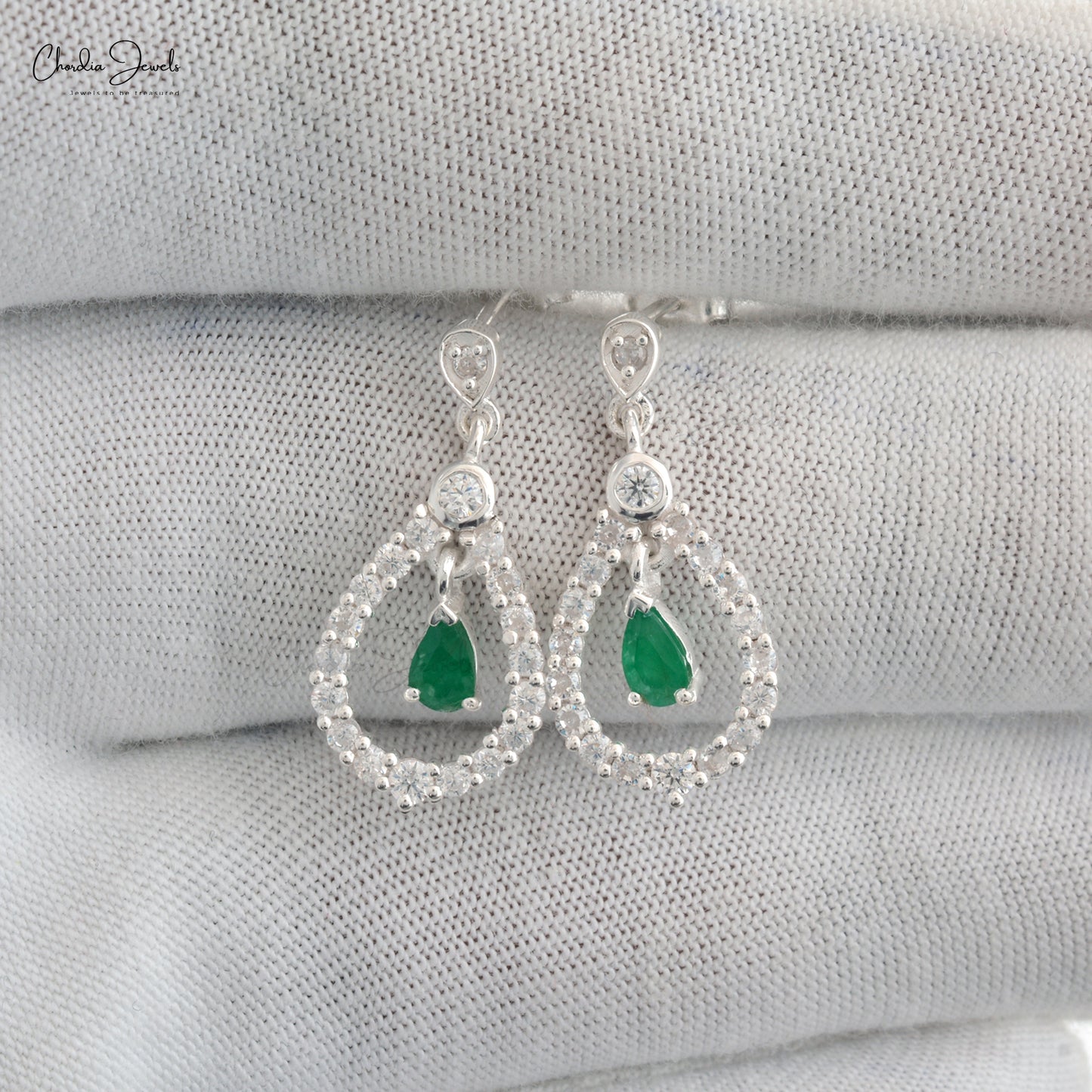Natural Emerald Dangling Earring In 925 Sterling Silver Zircon Halo Women Earrings