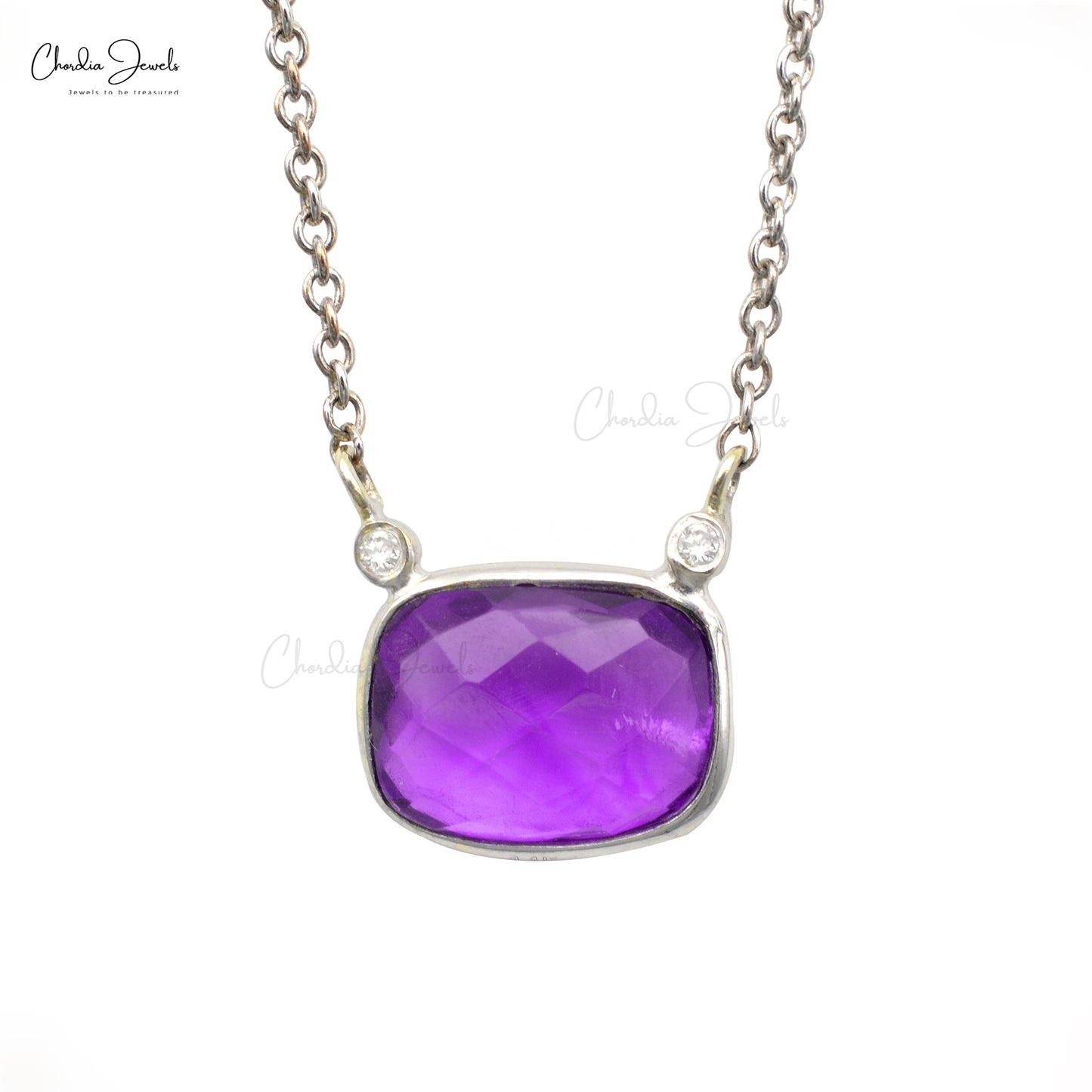 Matinee 3 Stone Necklace with 8x6mm Amethyst & Diamond Bezel Set In 14k White Gold Jewelry