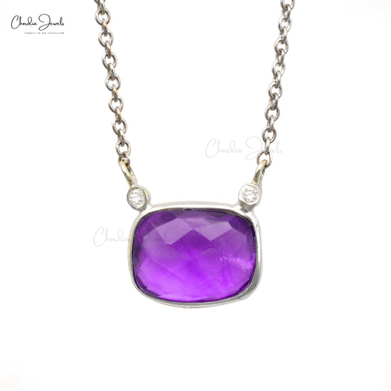 Matinee 3 Stone Necklace with 8x6mm Amethyst & Diamond Bezel Set In 14k White Gold Jewelry