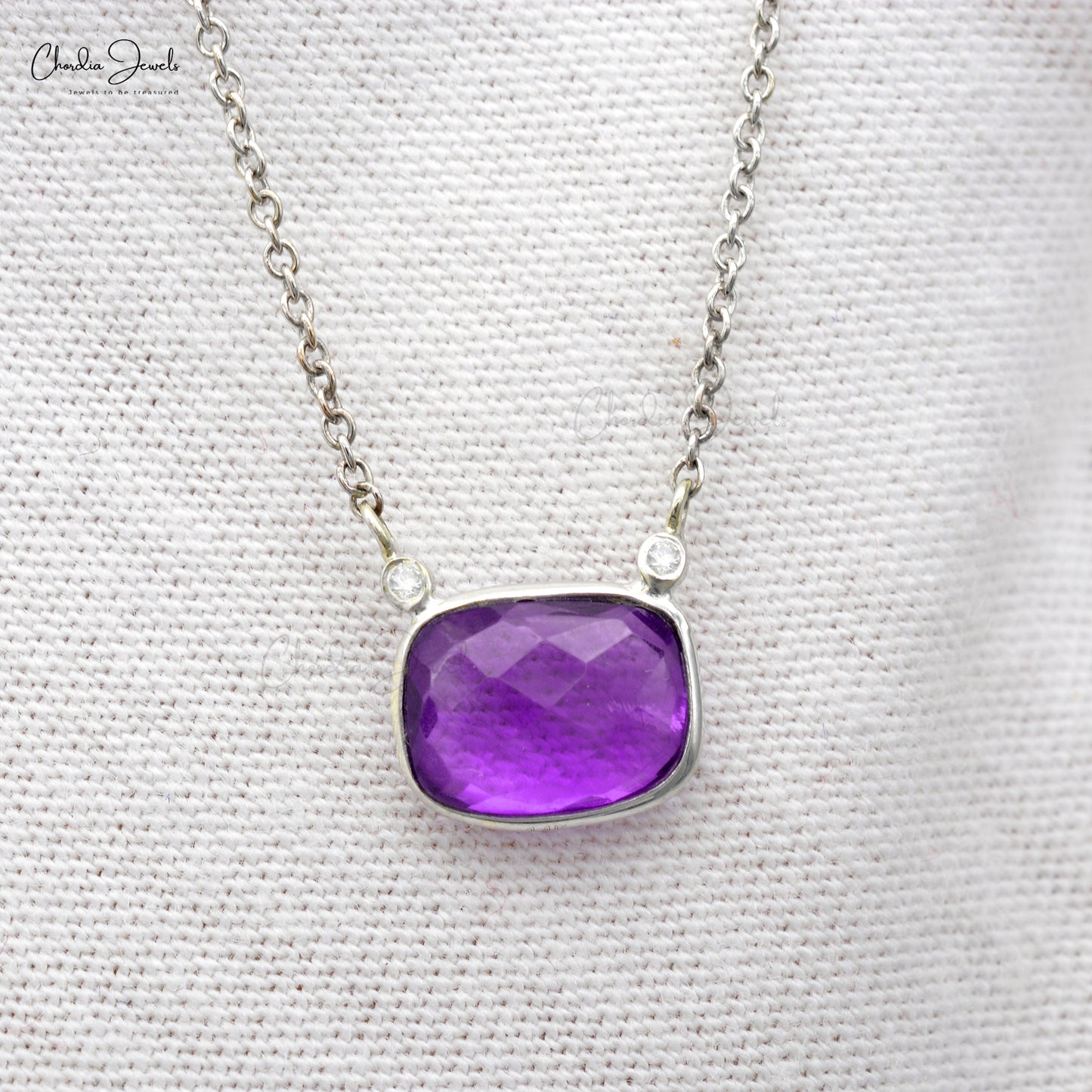 Matinee 3 Stone Necklace with 8x6mm Amethyst & Diamond Bezel Set In 14k White Gold Jewelry