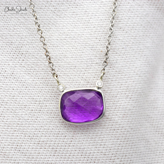 Matinee 3 Stone Necklace with 8x6mm Amethyst & Diamond Bezel Set In 14k White Gold Jewelry