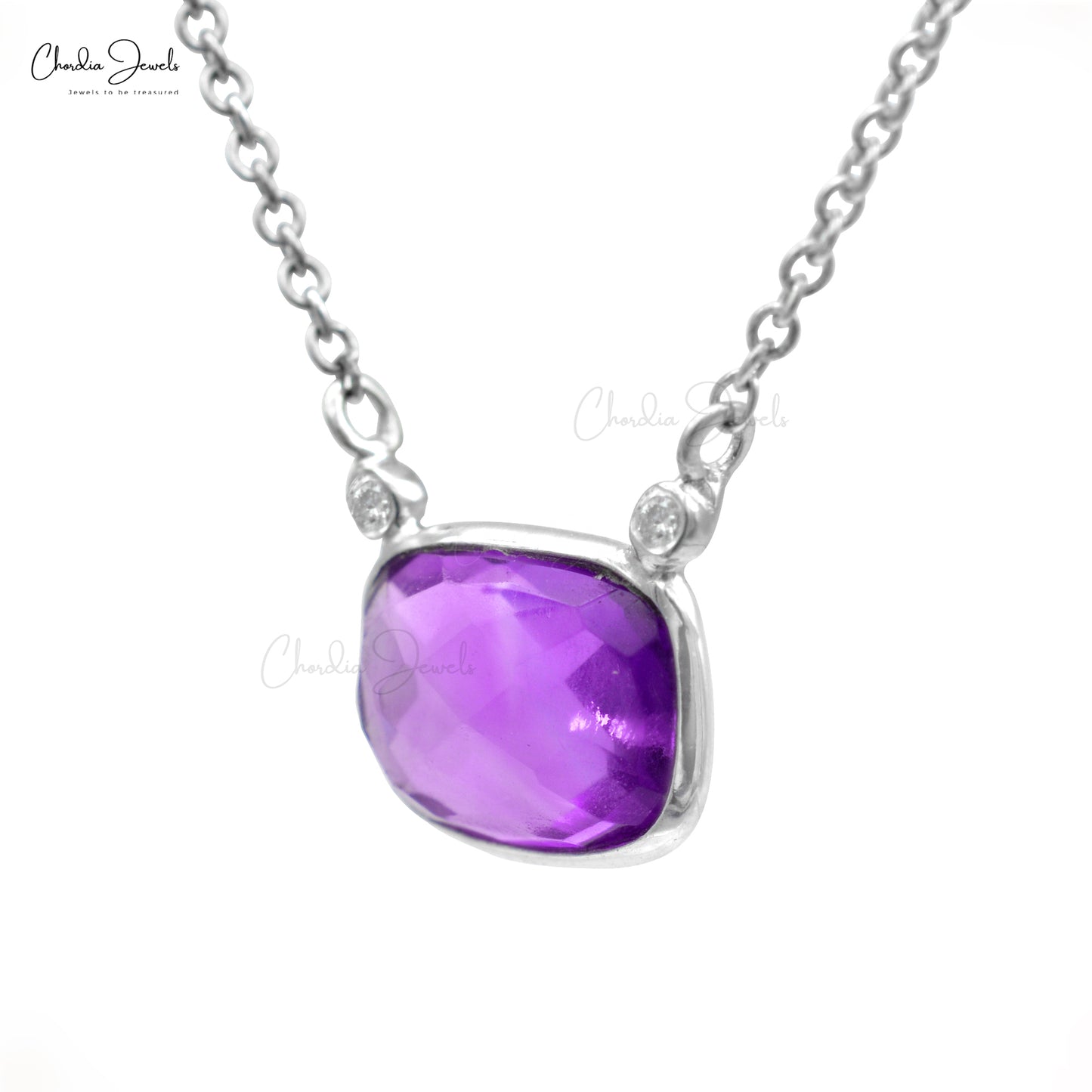 Matinee 3 Stone Necklace with 8x6mm Amethyst & Diamond Bezel Set In 14k White Gold Jewelry