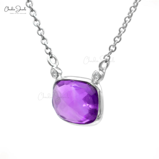 Matinee 3 Stone Necklace with 8x6mm Amethyst & Diamond Bezel Set In 14k White Gold Jewelry