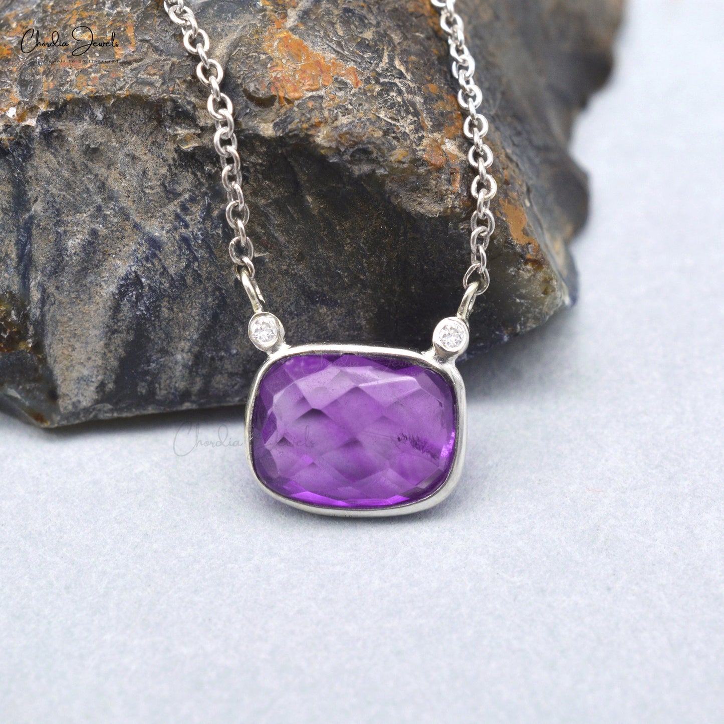 Matinee 3 Stone Necklace with 8x6mm Amethyst & Diamond Bezel Set In 14k White Gold Jewelry
