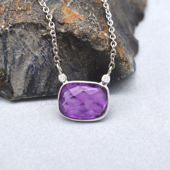Matinee 3 Stone Necklace with 8x6mm Amethyst & Diamond Bezel Set In 14k White Gold Jewelry