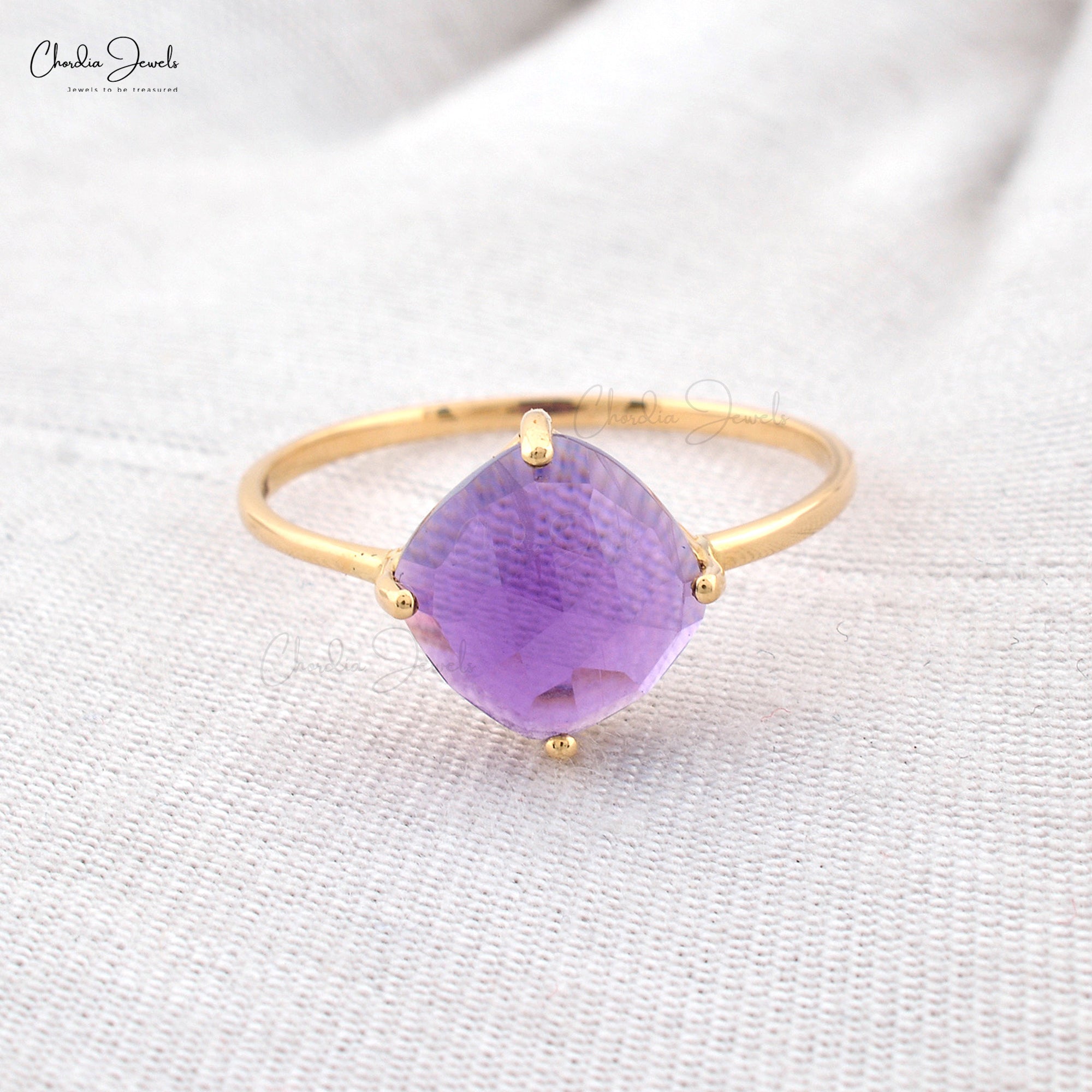 Solid 14K Yellow Gold Solitaire Ring Natural Amethyst Single Stone Ring For Her