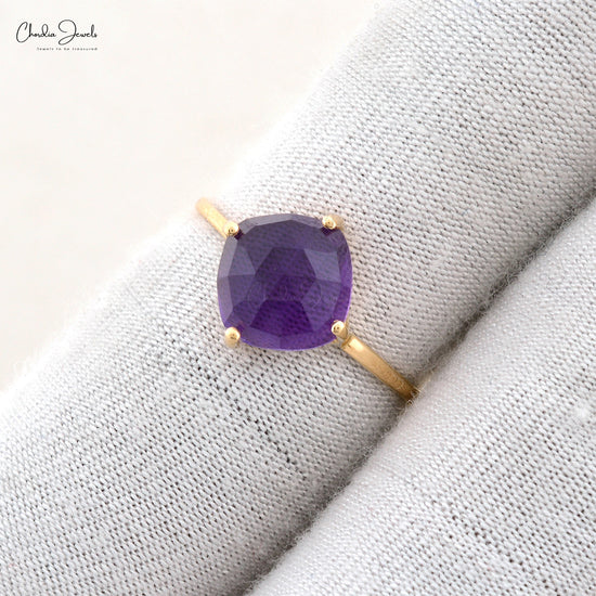 Solid 14K Yellow Gold Solitaire Ring Natural 2.4ct Amethyst Single Stone Ring For Her