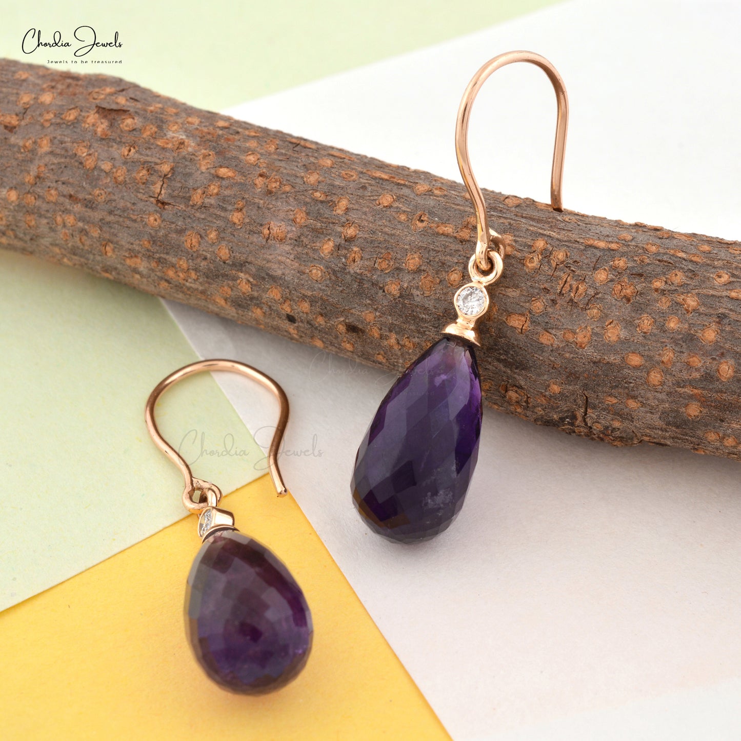 Real Amethyst Dangle Earrings in 14k Solid Rose Gold
