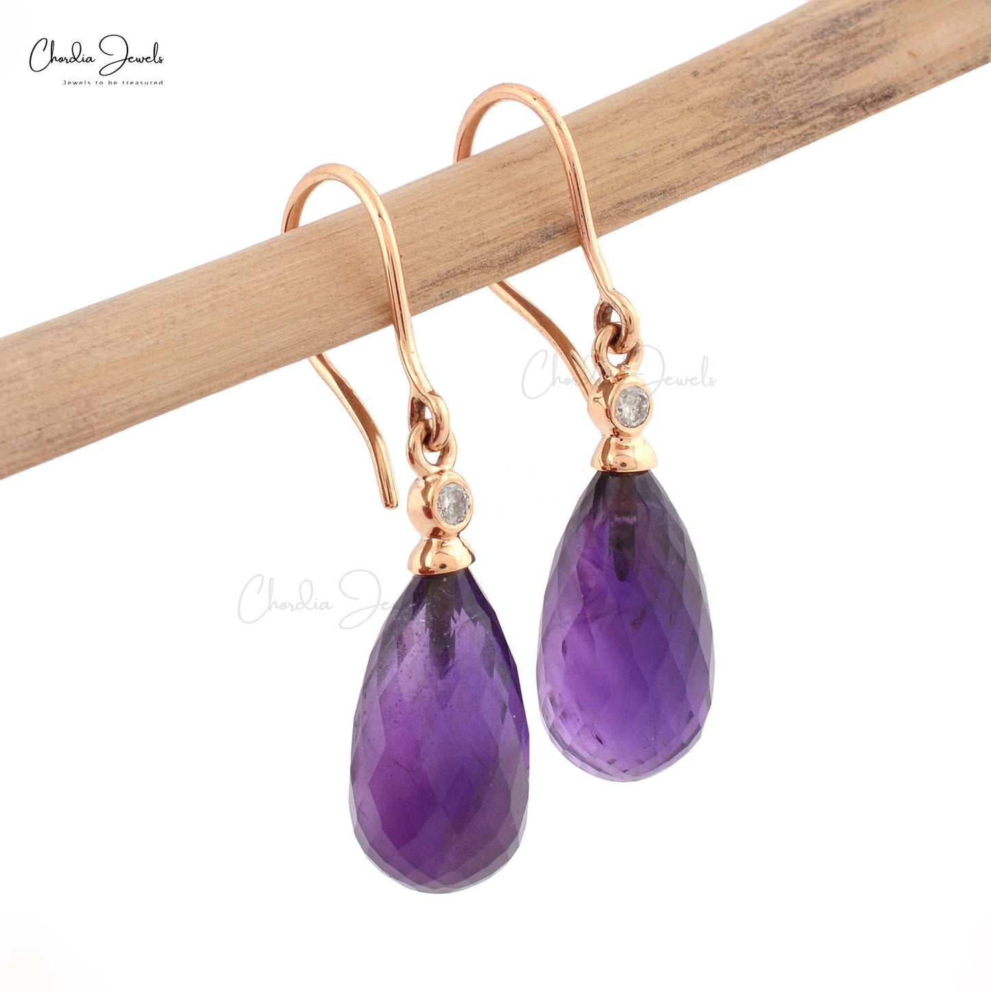 Real Amethyst Dangle Earrings in 14k Solid Rose Gold