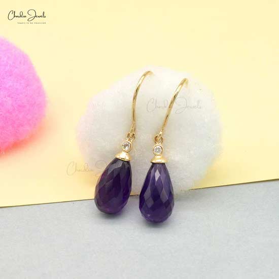 Genuine Purple Amethyst 15x7mm Drop Earrings 14k Real Gold Diamond Fish Hook Dangle Earrings Hallmarked Jewelry For Women's