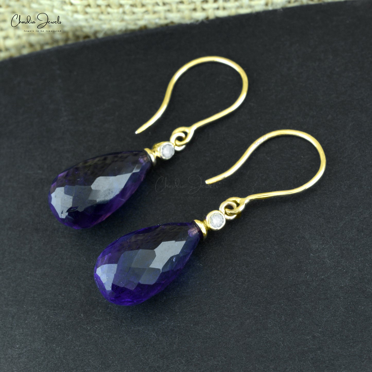 Genuine Purple Amethyst 15x7mm Drop Earrings 14k Real Gold Diamond Fish Hook Dangle Earrings Hallmarked Jewelry For Women's