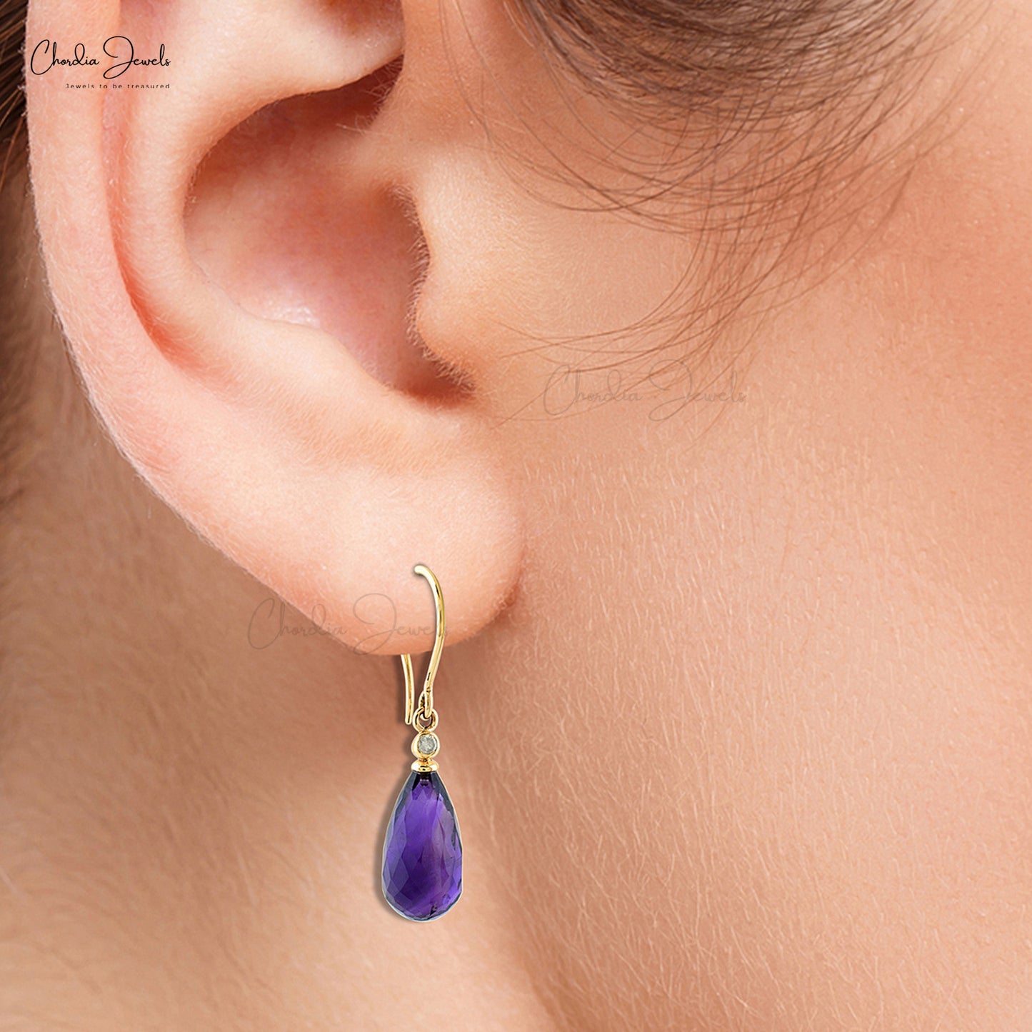 Genuine Purple Amethyst 15x7mm Drop Earrings 14k Real Gold Diamond Fish Hook Dangle Earrings Hallmarked Jewelry For Women's