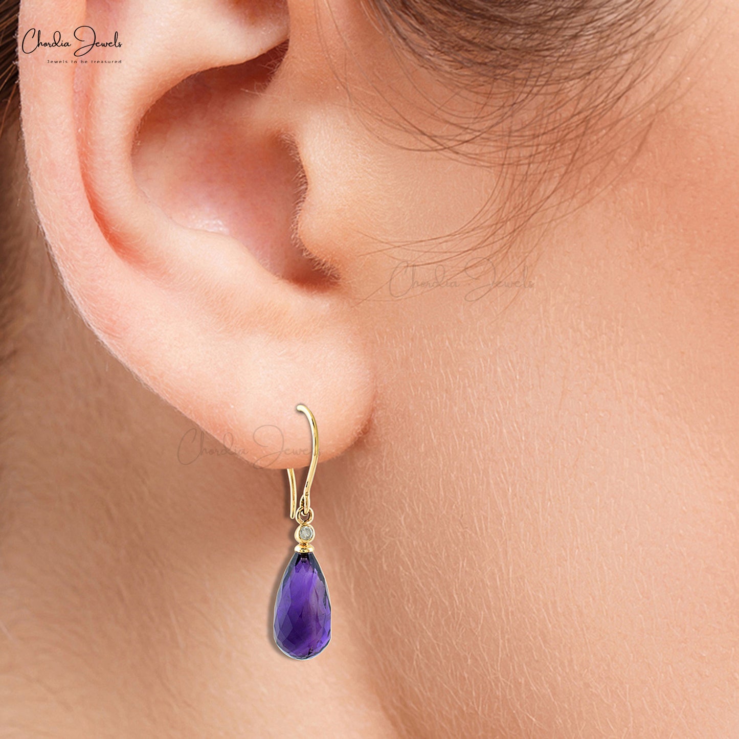 Load image into Gallery viewer, Genuine Purple Amethyst 15x7mm Drop Earrings 14k Real Gold Diamond Fish Hook Dangle Earrings Hallmarked Jewelry For Women&amp;#39;s
