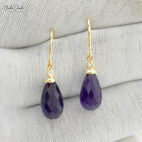 Genuine Purple Amethyst 15x7mm Drop Earrings 14k Real Gold Diamond Fish Hook Dangle Earrings Hallmarked Jewelry For Women's