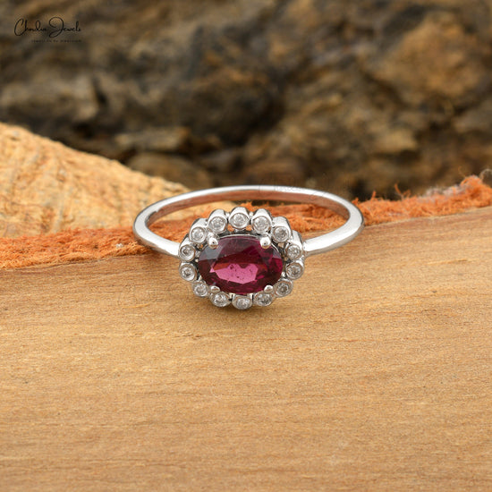 Oval  Gemstone Ring in 14k Real White Gold Rhodolite Garnet Halo Diamond Wedding Ring