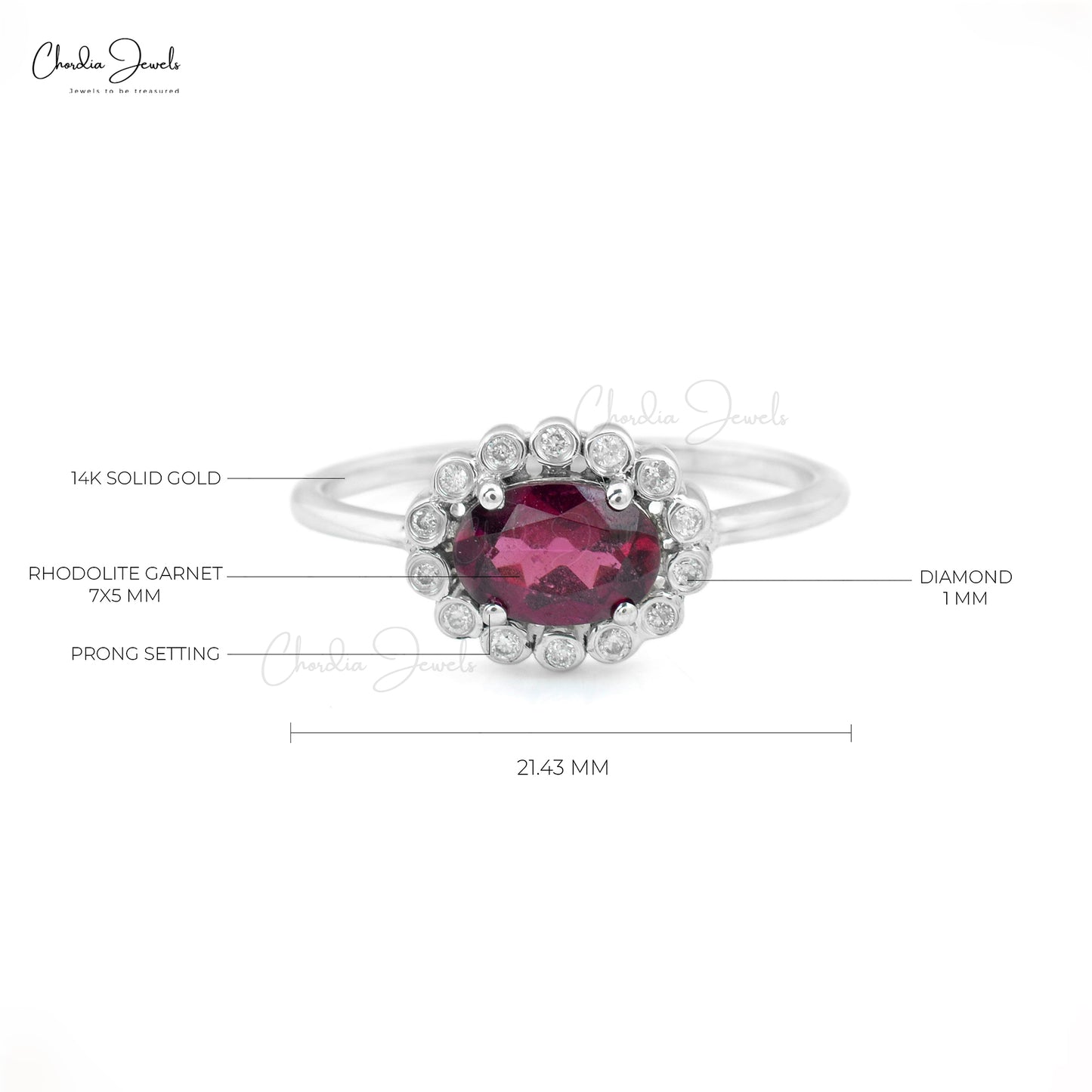 Oval  Gemstone Ring in 14k Real White Gold Rhodolite Garnet Halo Diamond Wedding Ring