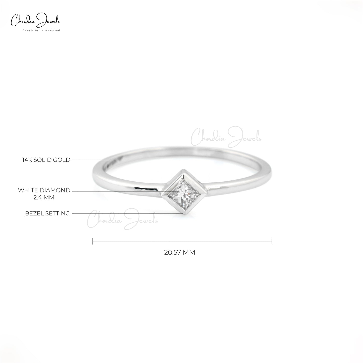 White Diamond Solitaire Ring 2.4mm Square Princess Cut Ring Size US-6 14k Solid White Gold Ring For Wedding