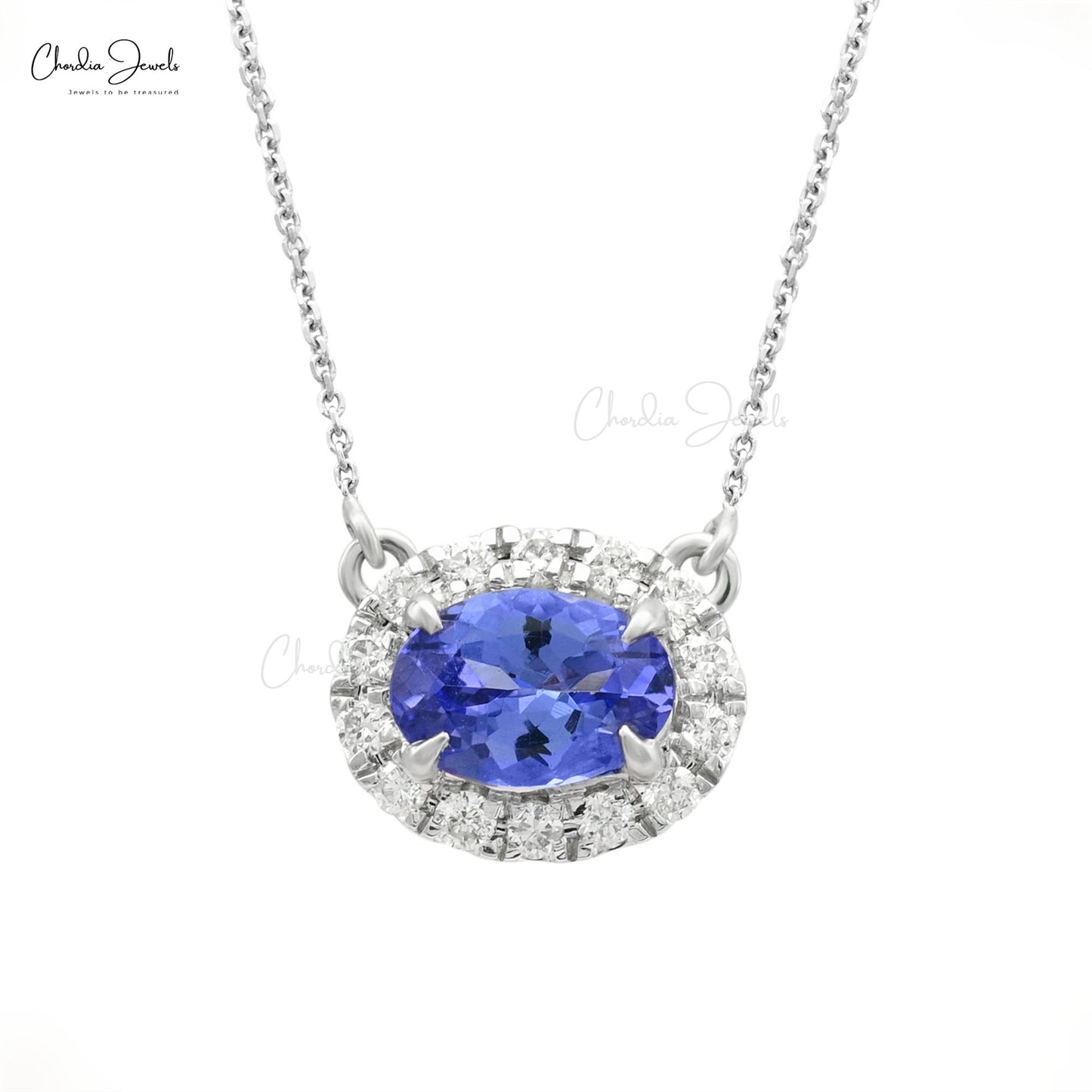 Load image into Gallery viewer, Radiant 0.8ct Tanzanite Gemstone Dainty Necklace 14k Real White Gold Diamond Halo Necklace
