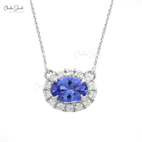 Load image into Gallery viewer, Radiant 0.8ct Tanzanite Gemstone Dainty Necklace 14k Real White Gold Diamond Halo Necklace

